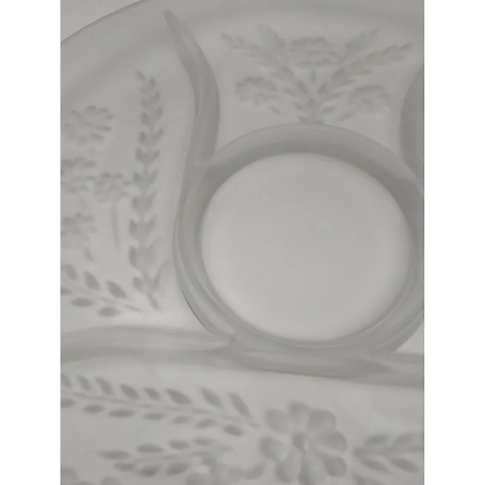 Vintage Large Frosted Glass Carved Flowers & Leaves 4 Slots Tray Serving Platter